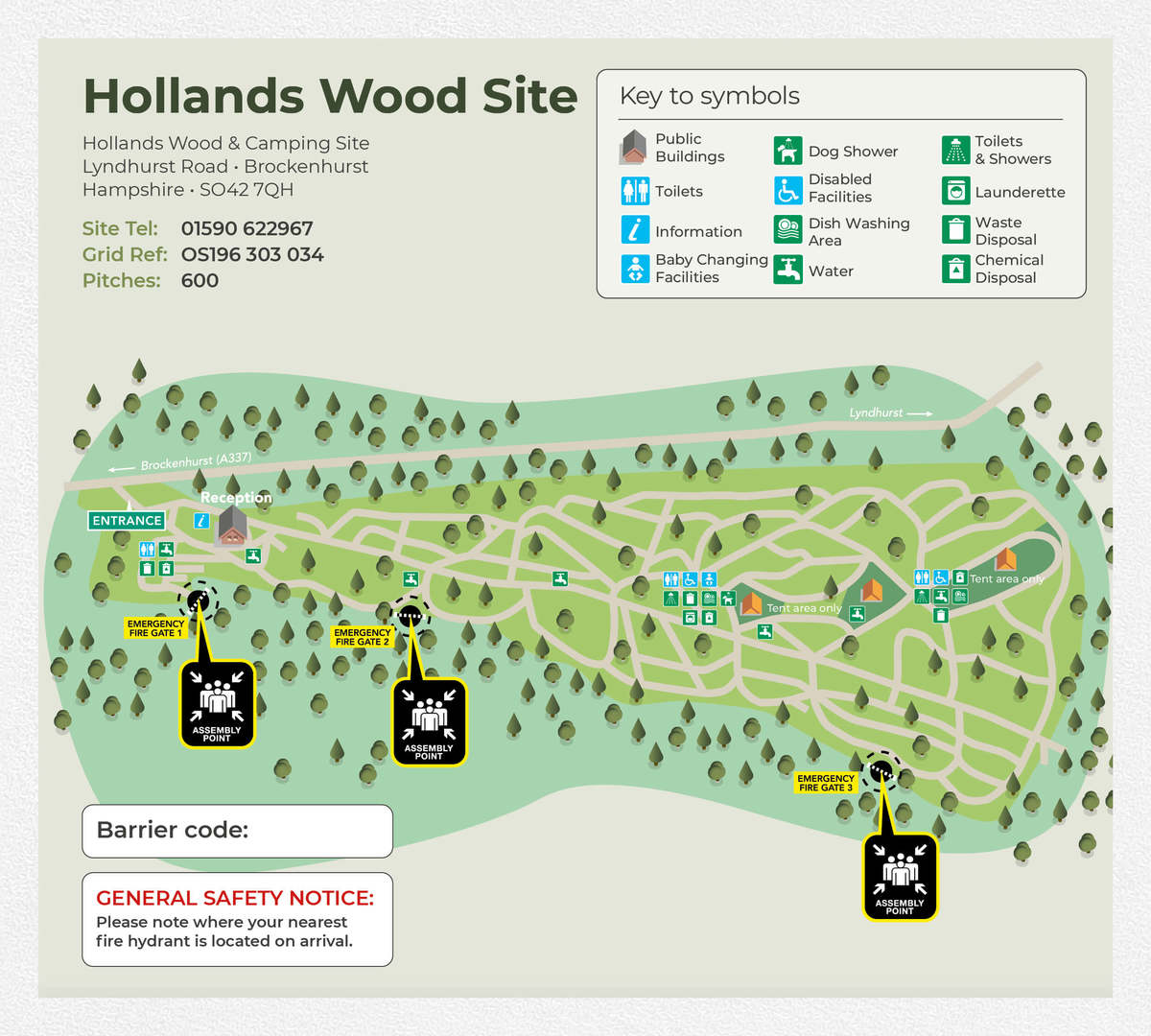An informative map of the Hollands Wood campsite in the New Forest.