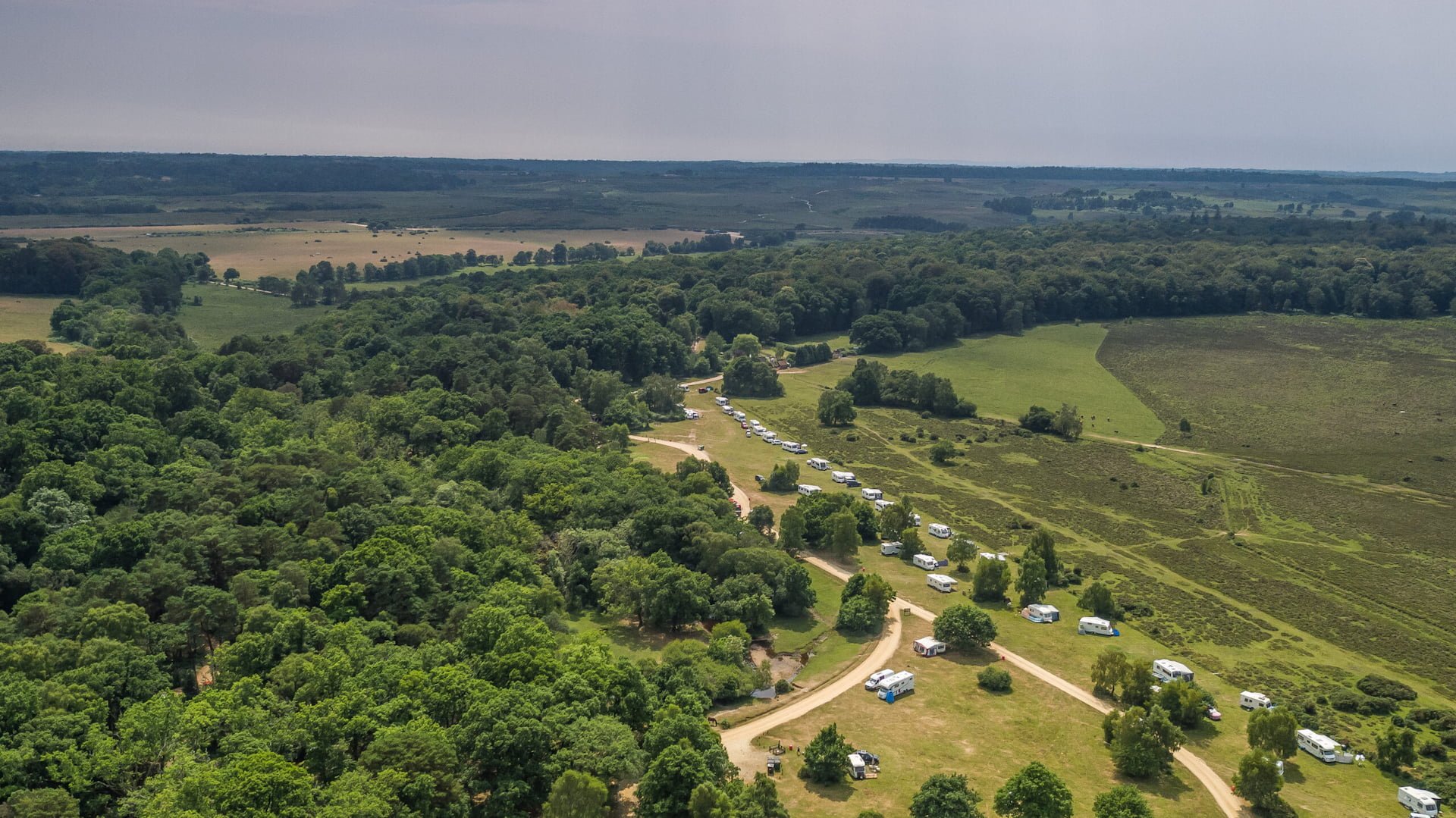 Arial view of Aldridge Hill campsite in the New Forest.
