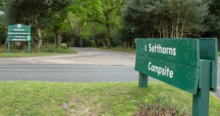 Setthorns campsite entrance sign in the New Forest.