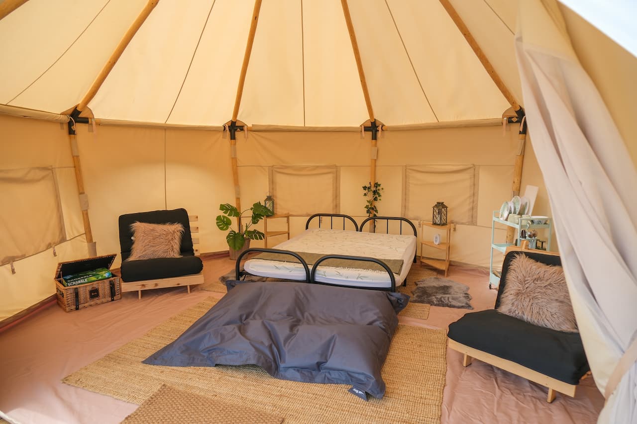 Interior of a glamping bell tent at Long Meadow campsite